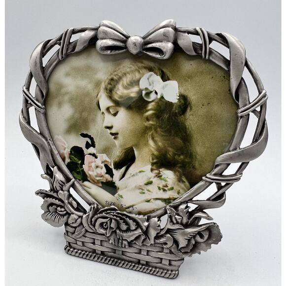 Vtg Pewter Heart Basket Floral Picture Frame Free Standing 5x5" Victorian Bow - Picture 1 of 5